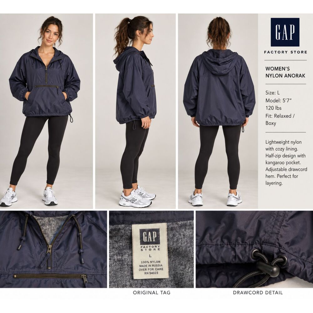 Vintage Gap Factory Store Anorak Jacket L Navy Nylon Hooded Half Zip Windbreaker